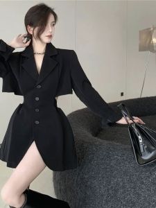 Váy Dài Tay Phong Cách Nữ Thần Che Bụng Thon Gọn Mùa Xuân Thu Váy Dài Chữ a Cổ Chữ U Họa Tiết Núi Sông Váy Công Sở