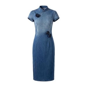 PAIBOLI | Đầm Jean Kiểu Trung Quốc Mới Kích Cỡ Lớn Có Trang Trí Hoa Hồng 3D