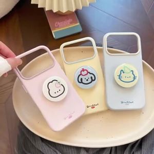 Korean Solid Colors With Cartoon Animals Graffiti Bracket Phone Case for iPhone 17 16 15 13 14 12 Pro Max Shockproof Soft Cover
