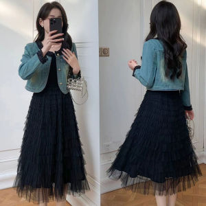 ทันสมัย สไตล์เกาหลี เดนิม เสื้อแจ็คเก็ต และ ผ้าทูลล์ กระโปรง ชุด ผู้หญิง ฤดูใบไม้ผลิ 2024 เอวสูง Midi กระโปรงชั้น ชุดสูทสองชิ้น
