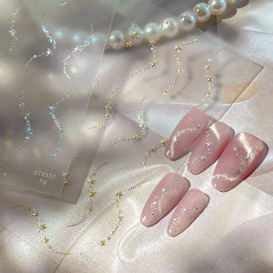 OIMG | Cute Shiny Stars Chain Nail Stickers Gold and Silver Wavy Star Lines Self Adhesive Nail Stickers for Summer Nail Art Decoration