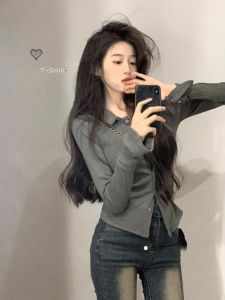 Korean Style Long Sleeve Slim Fit Womens Shirt Early Autumn 2024 New Style Commute Polo Collar Regular Length Inner Wear Top