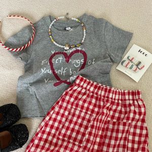Girls Short Sleeve T-shirt Skirt Set Red Checkered Spring