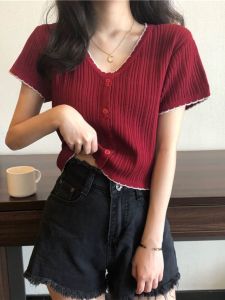 Summer Slimming Knitted Short Sleeve V-Neck Top Womens plus Size Korean Style Sweet And Spicy Trendy T-Shirt Casual Wear