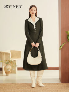 Contrast Color Turn-Down Collar Waist-Accentuating Wool Blend Dress