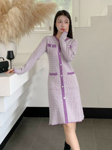 ชุดเดรสยาวแขนยาวถักสีม่วงฤดูใบไม้ร่วงและฤดูหนาวสำหรับผู้หญิง เสื้อชั้นในสีน้ำเงินอ่อนสไตล์หวานๆ ชุดเดรสยาวทรงเอเข้ารูป