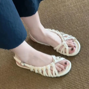 FANGXI | Vintage French Woven Buckle Flat Sandals