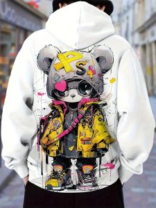 2025 Autumn Mens New Cartoon Cool Bear Printed Soft and Comfortable Hoodie Outdoor Urban Street Style Clothing