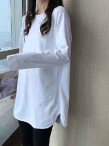 เสื้อยืดแขนยาวผ้าฝ้ายแท้สีขาวทรงหลวมสไตล์เกาหลีสำหรับใส่ไปทำงานในฤดูใบไม้ร่วง เสื้อชั้นในแบบสวมใส่ลำลองสำหรับผู้หญิง