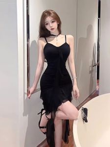Hebe Style Elegant Strapless Dress Fashionable Asymmetrical Black Summer Dress Heel Baring Shoulder Waist Cinched Regular Thickness