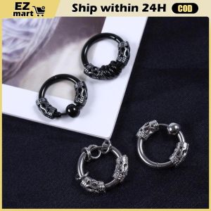 【Fast Shipping】 Cool Punk Mens Stainless Steel Hip Hop Stud Earrings Dragon Pattern Round Earring Pendant For Men Jewelry Gifts Party
