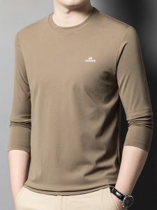 HENGYUANXIANG | Autumn New Fashionable Long Sleeve Silk T-Shirt Round Neck Casual Top Printed Mens Base Shirt Youthful Vitality Style