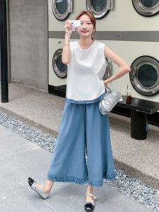 YINLUOYA | Summer 2025 Chic Womens Two-Piece Set Sweet Sleeveless Top Wide Leg Pants Korean Style Seven-Foot Length Round Neck Short Sleeve