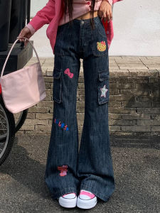 Quần Jeans Nữ Ống Loe Retro American Kitty Workwear Quần Ống Rộng Mùa Thu Thiết Kế Quần Jeans Nữ Cạp Cao Màu Xanh Denim