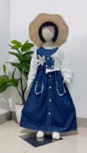 NEW - GAMIS RAYA JEANS BUNGA MIX BRUKAT ANAK PEREMPUAN USIA 3 - 12 TAHUN / BAJU GAMIS VIRAL LENGAN BRUKAT - PAKAIAN MUSLIMAH LEBARAN ANAK TERBARU