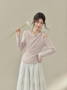 OUYANGXI | Áo Thun Dài Tay Asymmetric Pink Off-Shoulder