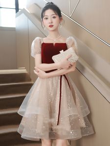 Elegant French Style Bridal Evening Gown Wedding Reception Dress Short Sleeve A-Line Skirt Shine Sequins Middle Waist for Women