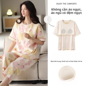 MiiOW | Bộ đồ ngủ cotton nguyên chất MiiOW dành cho nữ mùa hè mỏng có đệm ngực quần dài tay áo chui đầu cổ tròn họa tiết hoa