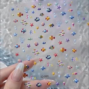 1Pcs 5D Embossed Tropical Fish Nail Stickers Starfish Coral Bubble Nails Decals for Summer Beach Holiday Manicure Decor Slider