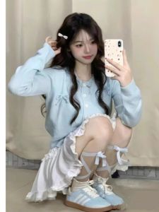 Blue Knitted Sweater Coat Womens Soft Butterfly Knot Early Autumn Fashion Korean Style Commute Loose Fit Long Sleeve Top