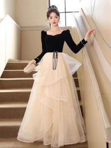 ชุดราตรีสีดำ แขนยาว ทรงเจ้าหญิง สำหรับผู้หญิง ชุดราตรีแฟชั่น ชุดแต่งงาน ชุดเดรสยาว สไตล์หวาน วัสดุคุณภาพสูง