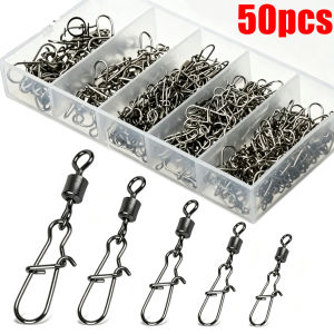 50pc/box 4# 6# 8#10#12# Stainless Steel Fishing Connector Pin Bearing Rolling Swivel with Snap Fishhook Lure Accessories