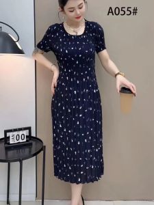 Elegant Long Printed Dress with Pleats Elastic Waist for Middle-Aged Mothers Fashionable Slimming Large Size Anti-Aging
