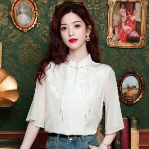 Womens Summer Short Sleeve Stand Collar Shirt Han Elements Modified Hanfu Style Matched with Horse Tailed Skirt Korean Version Loose Fit