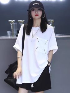 White Loose Short Sleeve T-Shirt Womens Mid-Length Oversized Comfortable Style Summer Top Korean Version round Neck Tee