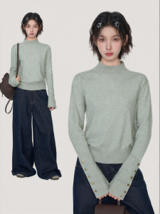 BAIDAIFEI | Gray High Collar Long Sleeve Autumn Winter Thickened Short Tight Fit Knit Sweater