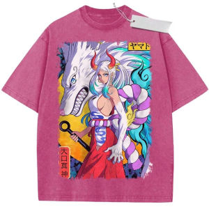 Bandai | Vintage Washed Pink T-Shirt One Piece Anime Yamato White Wolf Print Oversize Streetwear Top Casual Daily Wear