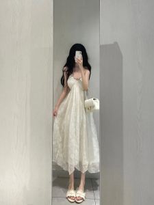 French Style White V-Neck Halter Dress Women Summer High-End Feelings Beach Vacation Fairy Long Skirt A-Line Gown Sleeveless