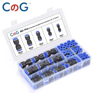 CG 60ชิ้น/กล่องชุดข้อต่อลมตรงท่อพียูแบบกดข้อต่อปล่อยเร็ว PU-4-6-8mm ข้อต่อสายยางพลาสติก
