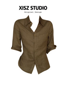 American Casual Turn-down Collar Seven-quarter Sleeve Linen Shirt Women Early Autumn New Slim Waist Short Versatile Top
