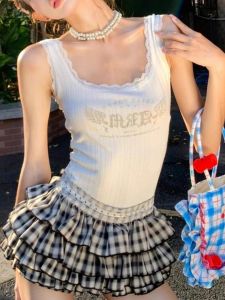 Áo Ba Lỗ Ren Viền American Hot Bé Gái Dành Cho Nữ Mùa Hè Thiết Kế Ôm Vừa Vặn Đa Năng Thời Trang Không Tay Áo Ngắn Không Có Mũ