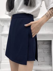 High Waist Asymmetrical Short Skirt for Women in Royal Blue with Pocket Work Clothing K-style Zipper Elements Black White