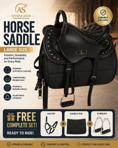 Atossa Star Horse Western Saddle Large Size Comfort Durable Performance Synthetic Leather Comfortable Padded Seat Strong Durable Adjustable Stirrups Free Complete Set Ready to Ride
