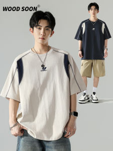 Wood soon | American Outdoor Pieced Short Sleeve T-shirt Loose Color-blocking Top