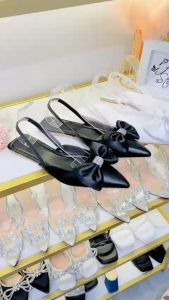 Giày bít bệt nơ phồng HALEY STORE gót phẳng đính nơ viền đá bít mũi quai kéo tiểu thư cô dâu đi chơi du lịch êm chân