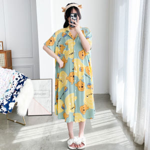 Cardigan plus Size Cotton Silk Long Nightdress Short Sleeve Dress Pajamas Loose Pregnant Women Fat Girl 100.00kg Homewear
