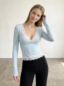 Gadinus Women Slim Fit Lace Trim V Neck Long Sleeve Light Blue Fitted Top Casual Blouse Shirt