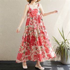 FASHLOVER Summer loose floral suspender dress women retro vacation mid-length dress