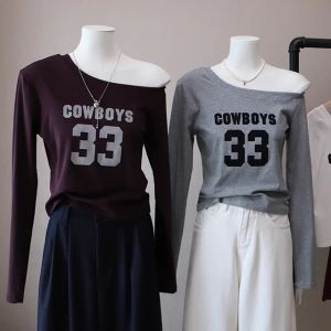 Fashionable Korean Style Long Sleeve Slim Fit Printed T-Shirt Womens Early Autumn New Style Elegant Small Top Shoulder Print