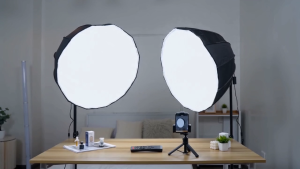 Aoresac 2 Sets Photography Lights Kit With 85W Energy-Saving Bulb And Remote Control For Live Streaming Portrait. Two Black Softbox Lights On Stands Remote Control And Three Light Modes Displayed.