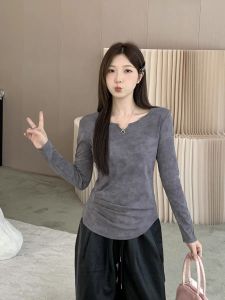 Áo Thun Dài Tay Ôm Vừa Vặn Cổ Chữ V Thời Trang Thu Đông Cỡ Lớn Cho Nữ Áo Sơ Mi Cơ Bản Thường Ngày Bằng Cotton Dáng Ôm