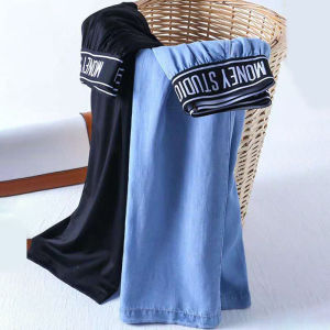 High Waist Silk Denim Jeans Womens Summer Thin Drape Loose Straight Ice Silk Casual Wide Leg Pants Long Trousers Polyester