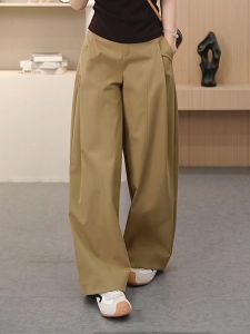 Khaki Color Casual Pants Womens Autumn Small Size Versatile Loose High Waist Draping Suit Pants Straight Leg Wide Leg Pants