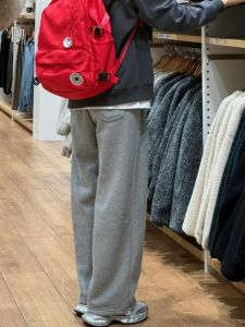 กางเกงวอร์มผ้าฝ้ายสีเทาเอวสูงทรงหลวมสำหรับผู้หญิง กางเกงขายาวทรงตรงผ้าฝ้ายผสมเนื้อนุ่มสบายสไตล์ลำลองสำหรับฤดูใบไม้ผลิและฤดูใบไม้ร่วง