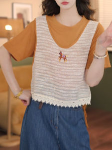 Shalldoer | เสื้อยืดคอกลมแขนสั้นลายทางสองชั้นสำหรับผู้หญิง แฟชั่นฤดูร้อน ลำลอง สวมใส่สบาย เสื้อตัวบนที่ทันสมัย