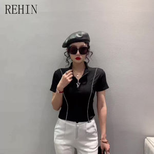 REHIN Womens top Summer new design decorated fashion short-sleeved T-shirt bottoming shirt Zipper V-neck elegant black blouse